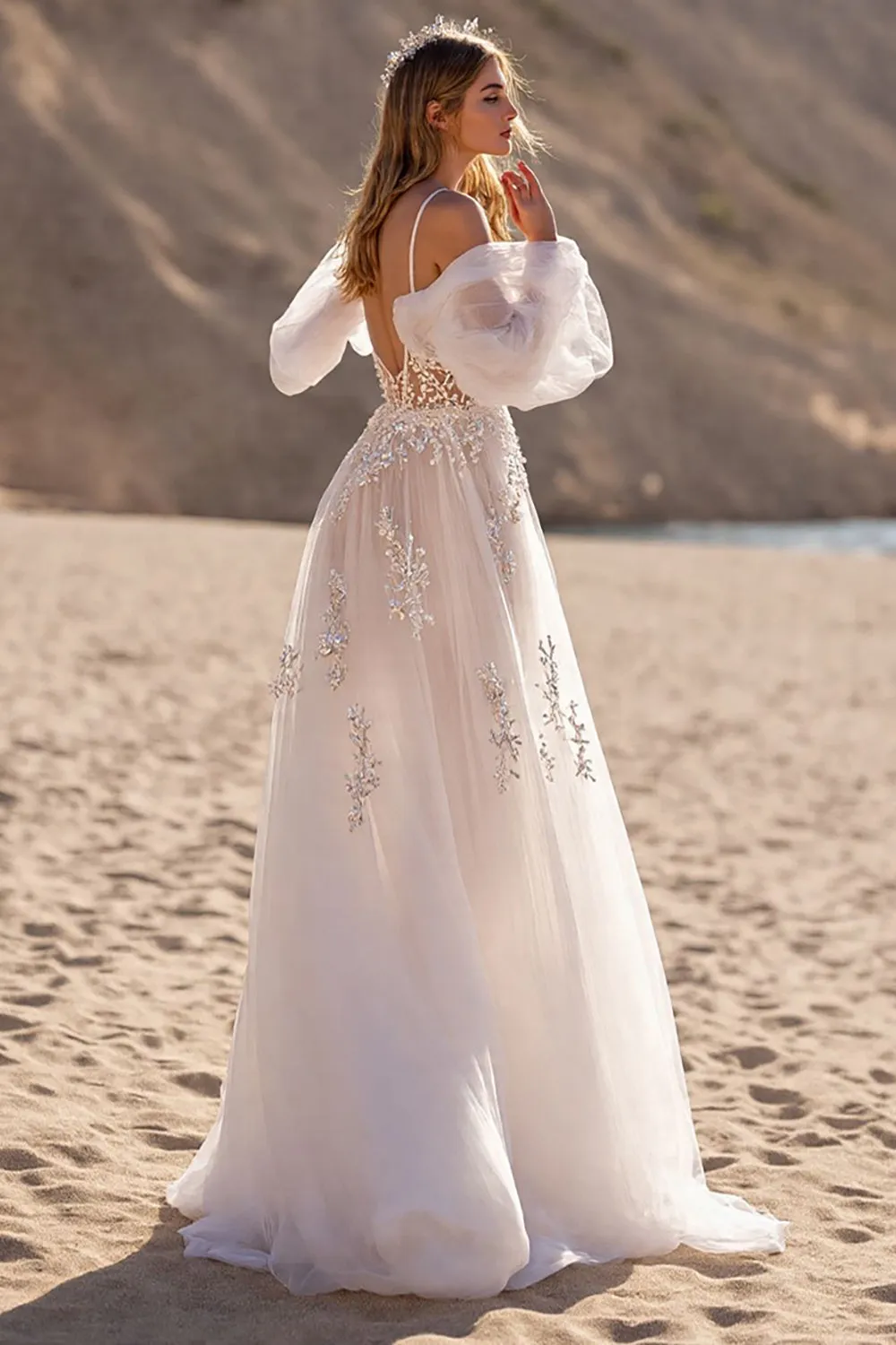 Removable Sleeve Ivory A Line Appliqued Long Wedding Dress sold by Zapaka product image thumbnail 2