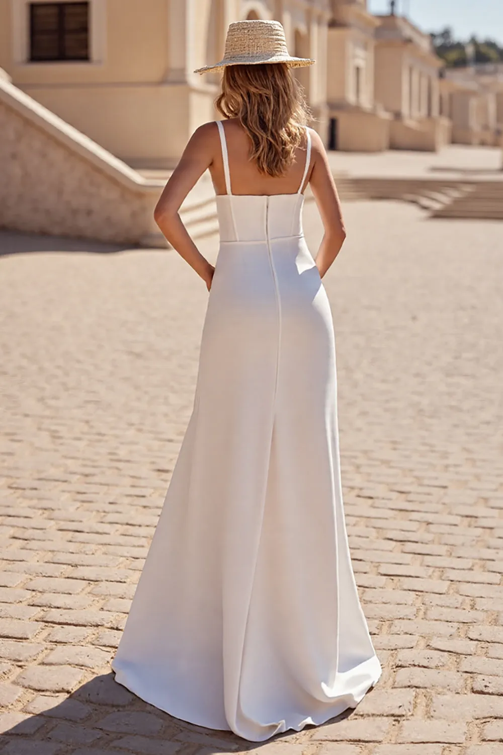 Simple Ivory A Line Scoop Neck Satin Long Wedding Dress sold by Zapaka product image thumbnail 2