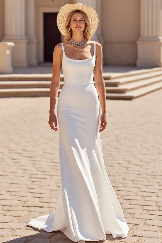 Simple Ivory A Line Scoop Neck Satin Long Wedding Dress sold by Zapaka