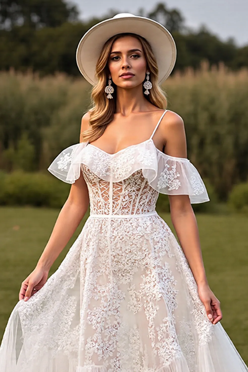 White Cold Shoulder Ruffled A Line Wedding Dress with Applique sold by Zapaka product image thumbnail 4