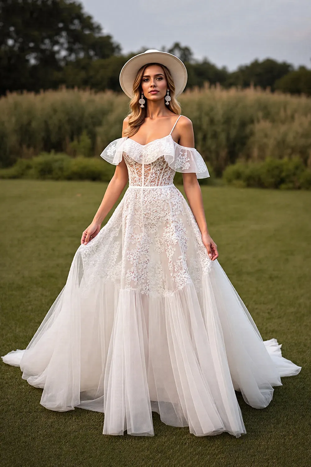 White Cold Shoulder Ruffled A Line Wedding Dress with Applique sold by Zapaka