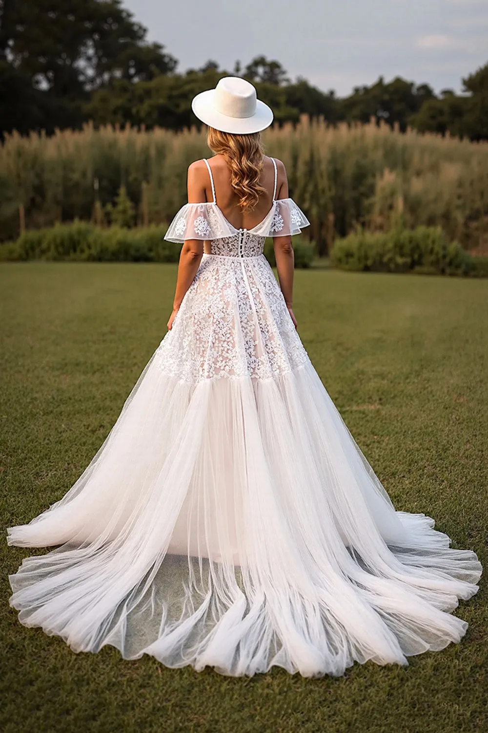 White Cold Shoulder Ruffled A Line Wedding Dress with Applique sold by Zapaka product image thumbnail 2