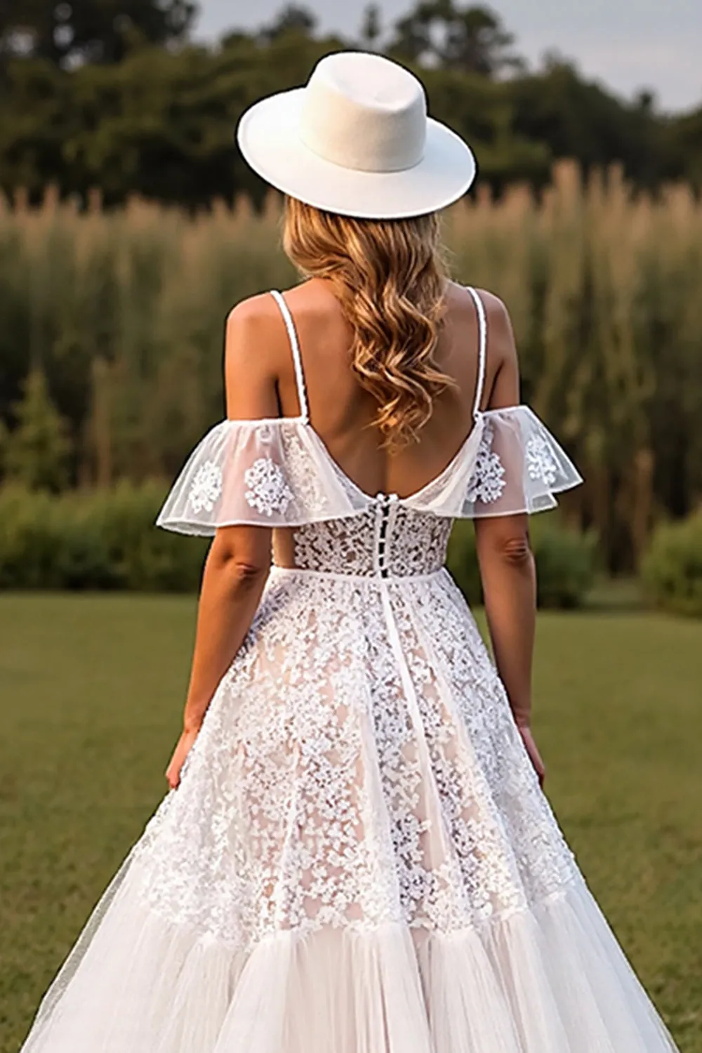 White Cold Shoulder Ruffled A Line Wedding Dress with Applique sold by Zapaka product image thumbnail 3