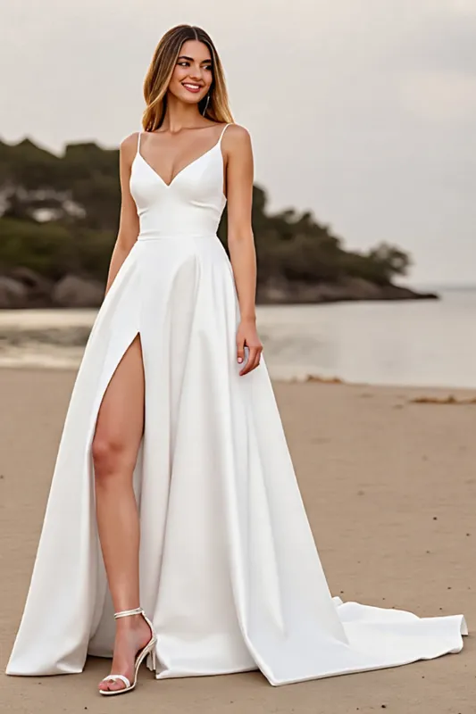 White Simple Satin A Line Wedding Dress with Slit sold by Zapaka