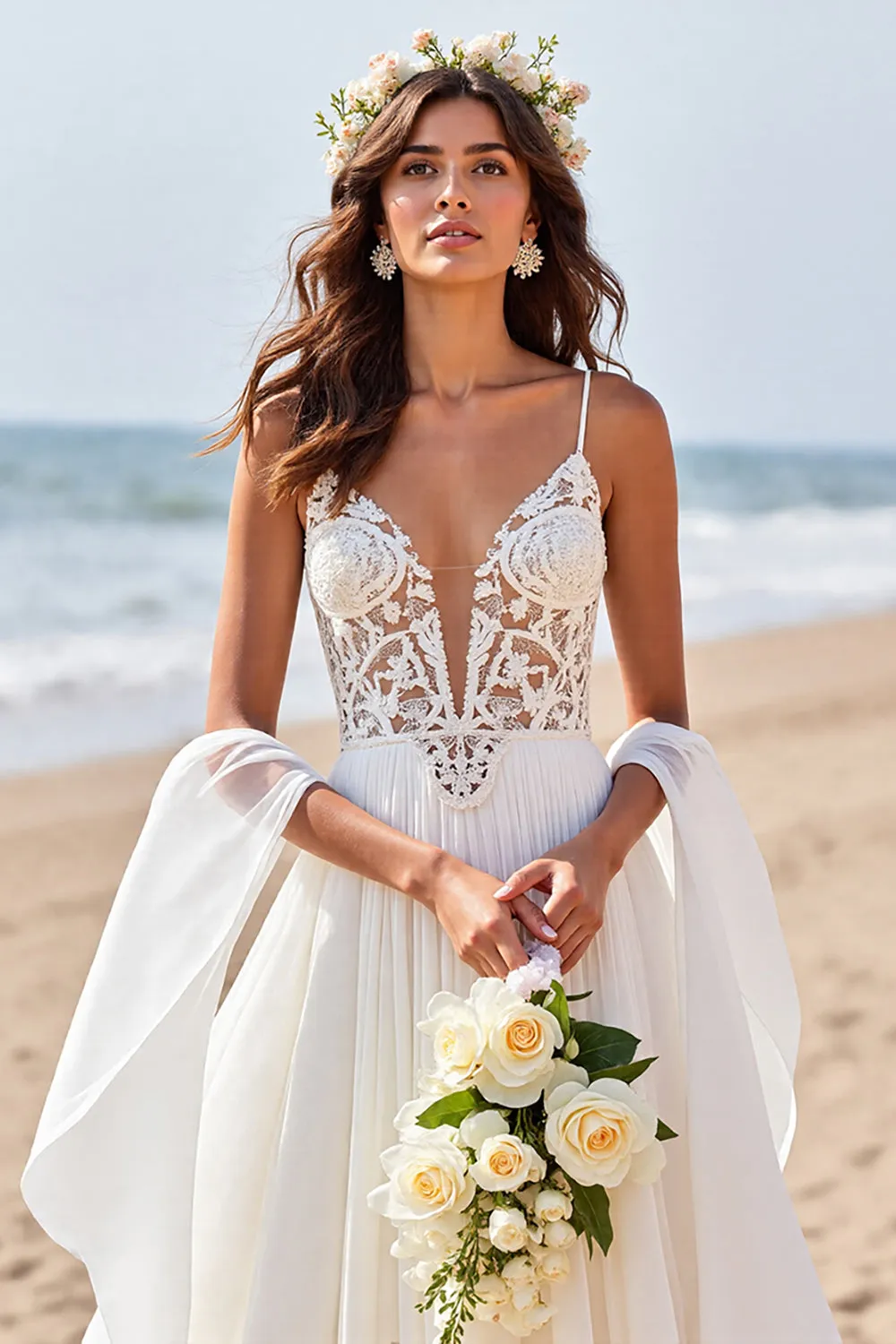 Chiffon A Line Beach Sweep Train Wedding Dress with Lace sold by Zapaka product image thumbnail 3