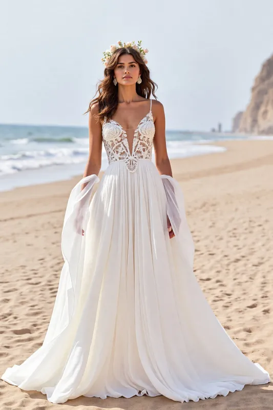 Chiffon A Line Beach Sweep Train Wedding Dress with Lace sold by Zapaka