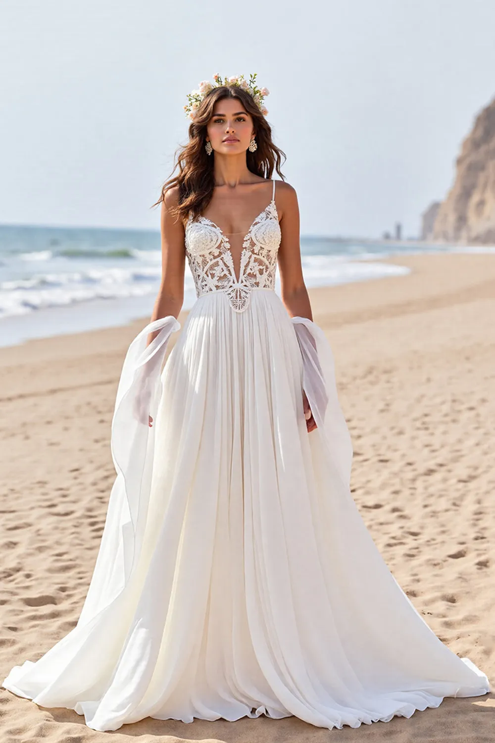 Chiffon A Line Beach Sweep Train Wedding Dress with Lace sold by Zapaka