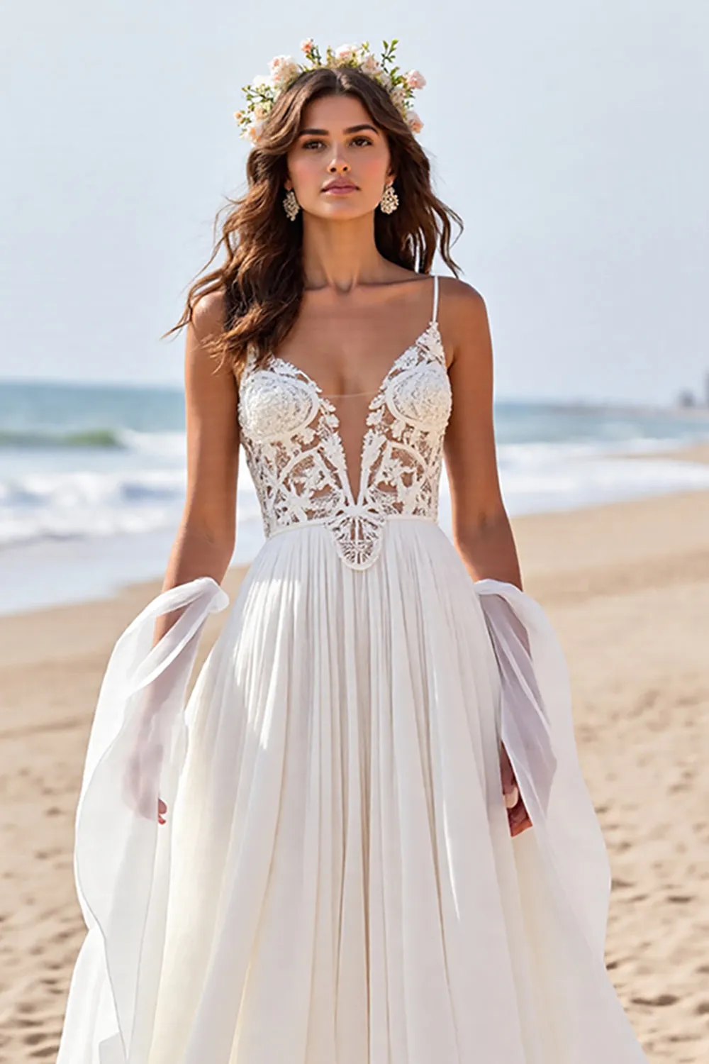 Chiffon A Line Beach Sweep Train Wedding Dress with Lace sold by Zapaka product image thumbnail 2