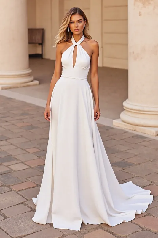 White Halter A Line Keyhole Wedding Dress sold by Zapaka