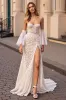 Ivory Lace Mermaid Sweep Train Wedding Dress with Slit sold by Zapaka