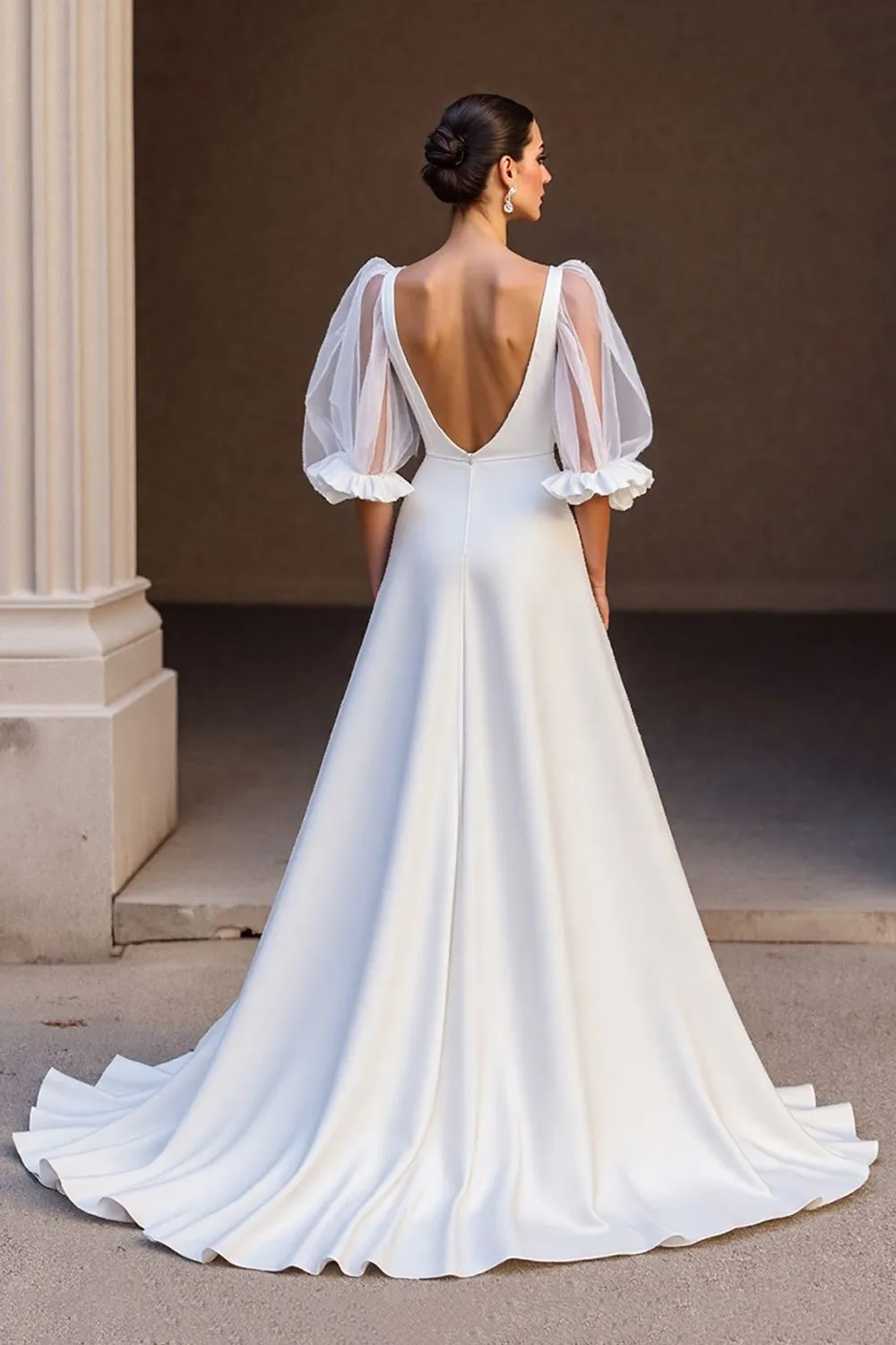Ivory A Line V Neck Satin Ruched Long Wedding Dress sold by Zapaka product image thumbnail 2