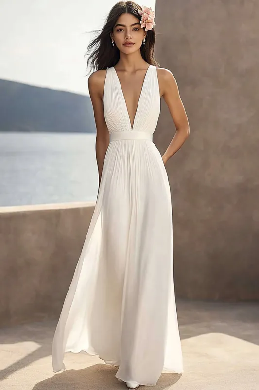 Ivory Ruched Chiffon Deep V-Neck Maxi Beach Engagement Dress sold by Zapaka