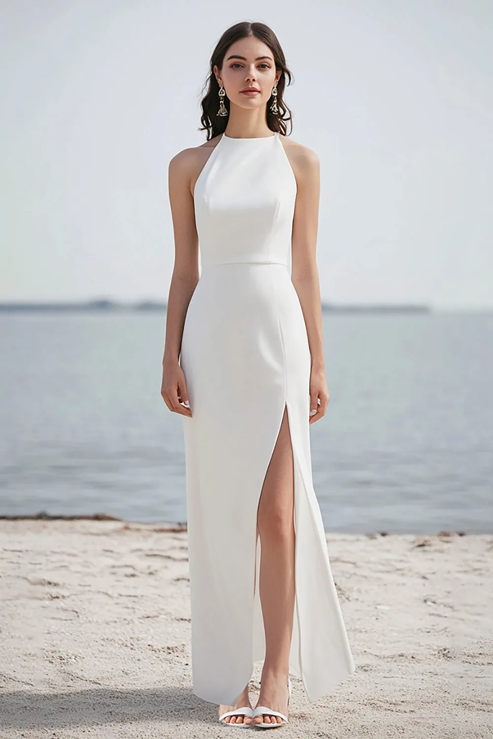 Halter Satin Ivory Sheath Rehearsal Dinner Dress with Slit sold by Zapaka