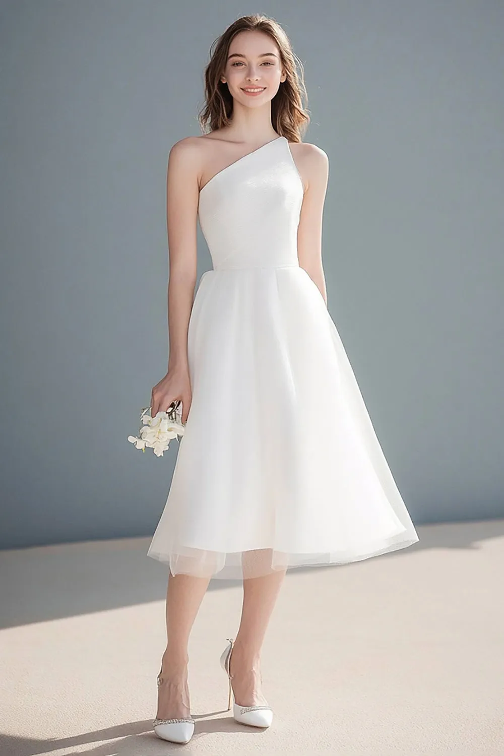 Ivory One Shoulder Organza Midi Bachelorette Dress sold by Zapaka