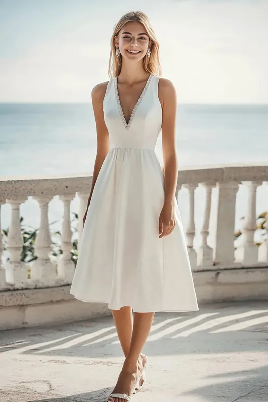 Satin Ivory Deep V-Neck A Line Midi Bachelorette Dress sold by Zapaka