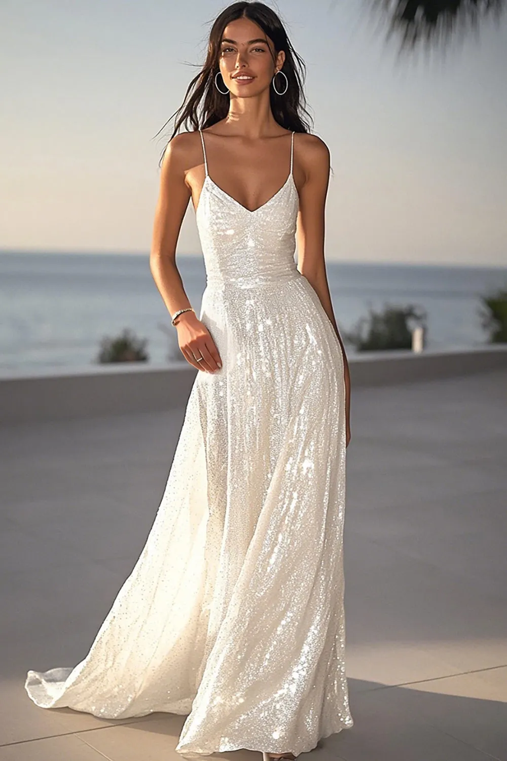 Sparkly Ivory Sequin Spaghetti Straps Maxi Rehearsal Dinner Dress sold by Zapaka