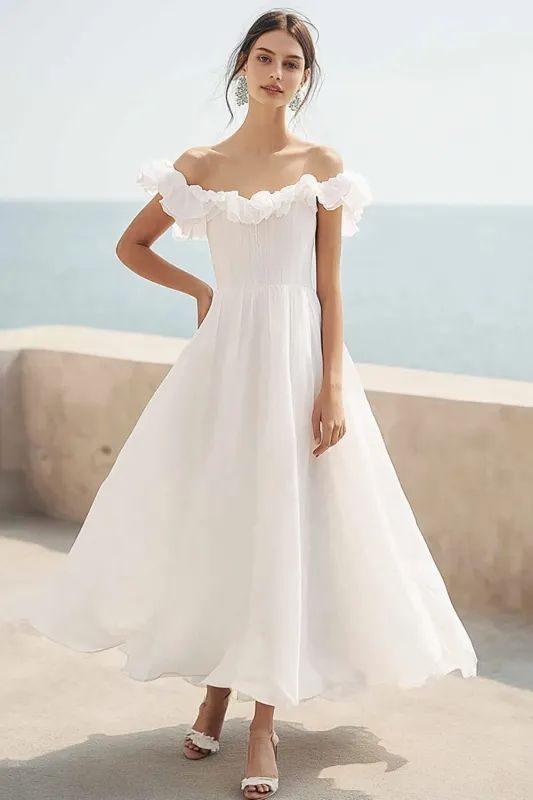 Ivory Ruffled A Line Chiffon Maxi Engagement Dress sold by Zapaka
