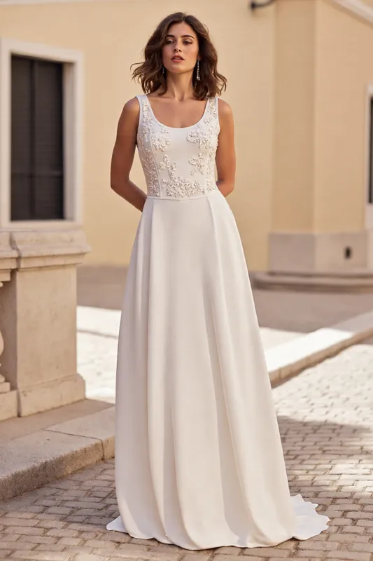 Ivory Scoop Neck A Line Satin Wedding Dress with Applique sold by Zapaka