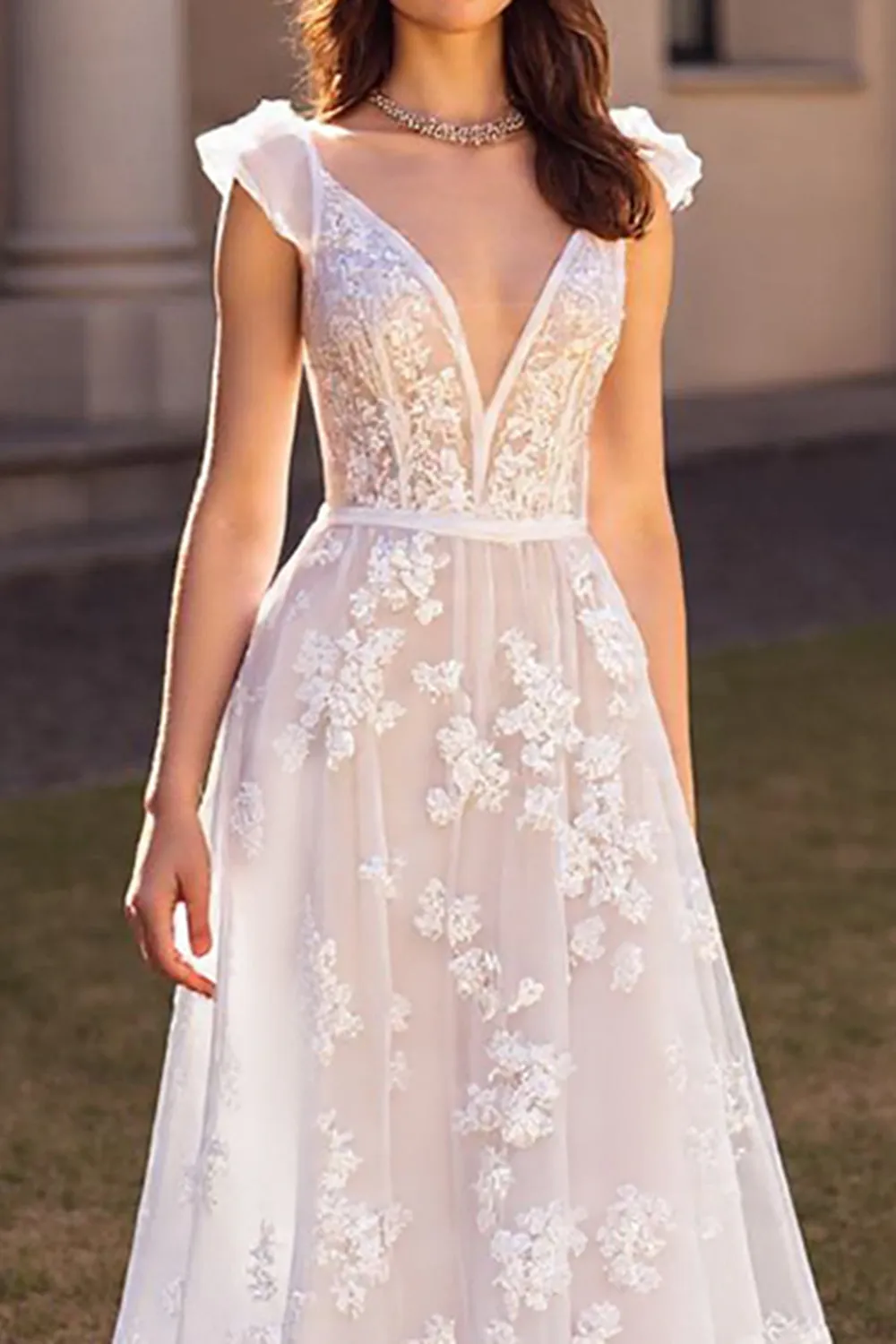 Ivory V Neck A Line Wedding Dress with Lace sold by Zapaka product image thumbnail 3