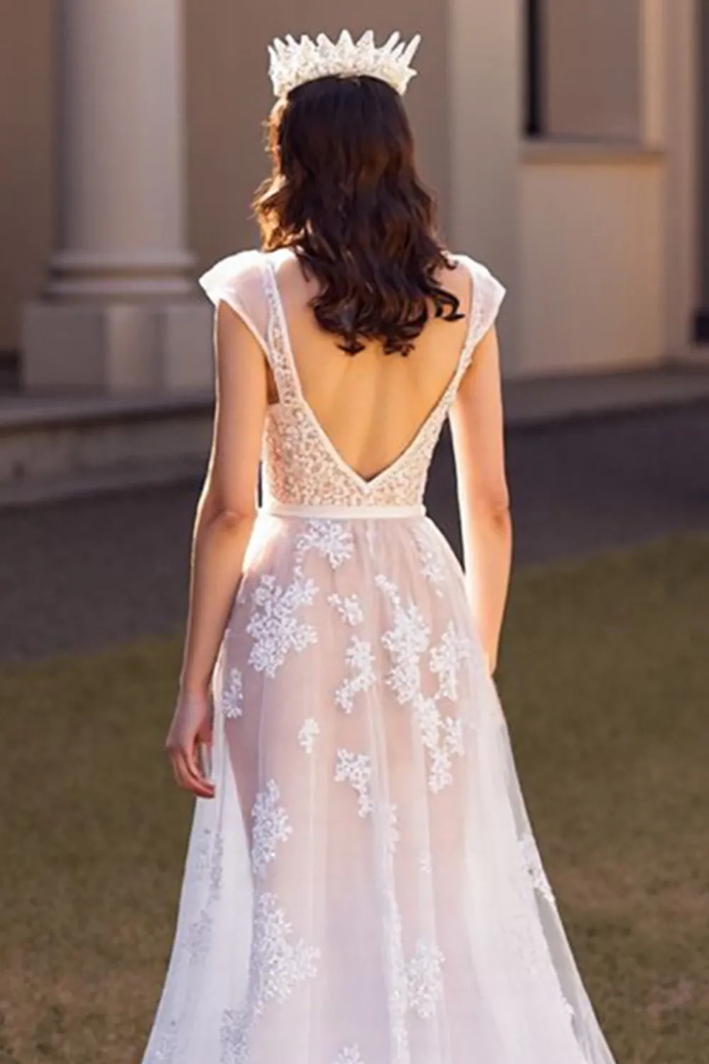 Ivory V Neck A Line Wedding Dress with Lace sold by Zapaka product image thumbnail 4