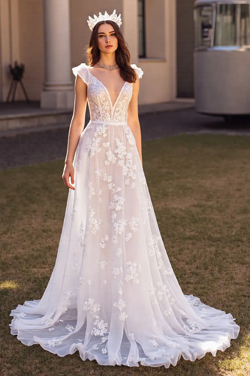 Ivory V Neck A Line Wedding Dress with Lace sold by Zapaka