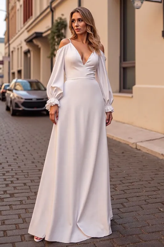 Ivory Simple V Neck Long Sleeves Wedding Dress sold by Zapaka