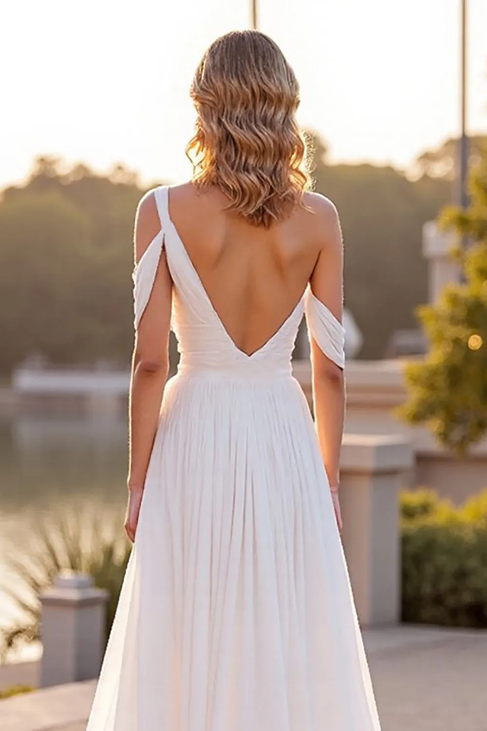 Ivory One Shoulder A Line Sweep Train Wedding Dress sold by Zapaka product image thumbnail 5