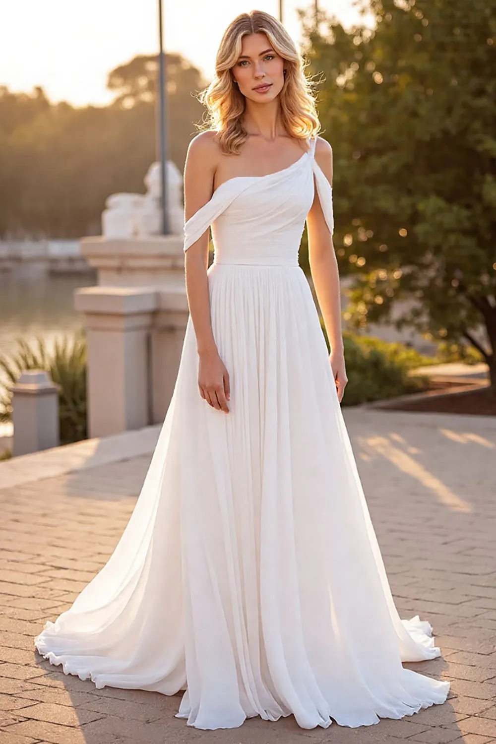 Ivory One Shoulder A Line Sweep Train Wedding Dress sold by Zapaka product image thumbnail 3