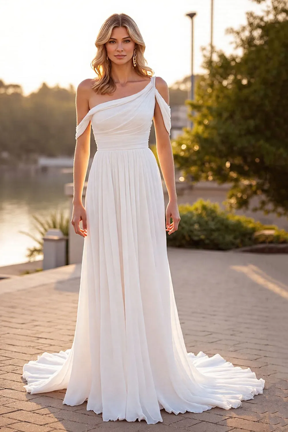 Ivory One Shoulder A Line Sweep Train Wedding Dress sold by Zapaka
