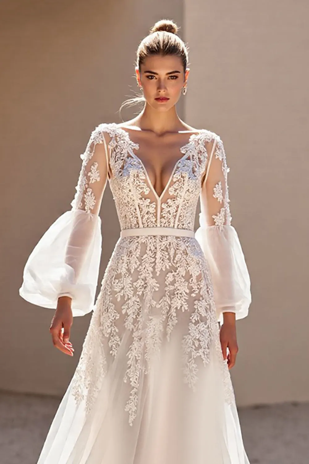 Ivory A Line V Neck Long Sleeves Wedding Dress with Lace sold by Zapaka product image thumbnail 4