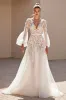 Ivory A Line V Neck Long Sleeves Wedding Dress with Lace sold by Zapaka