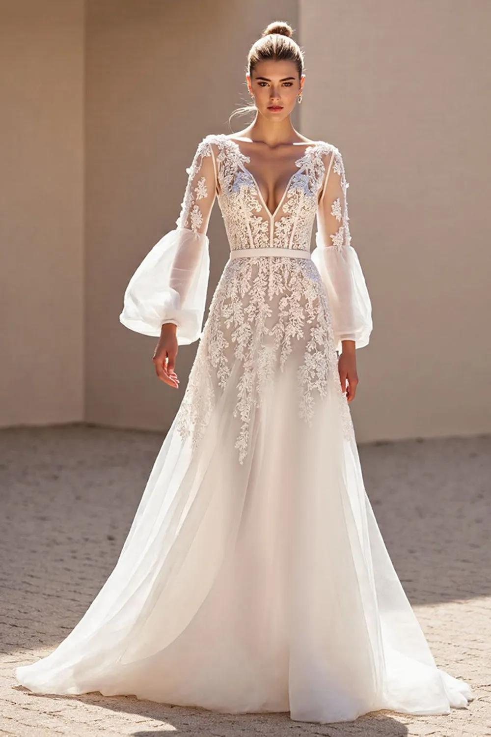 Ivory A Line V Neck Long Sleeves Wedding Dress with Lace sold by Zapaka