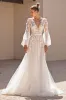 Ivory A Line V Neck Long Sleeves Wedding Dress with Lace sold by Zapaka