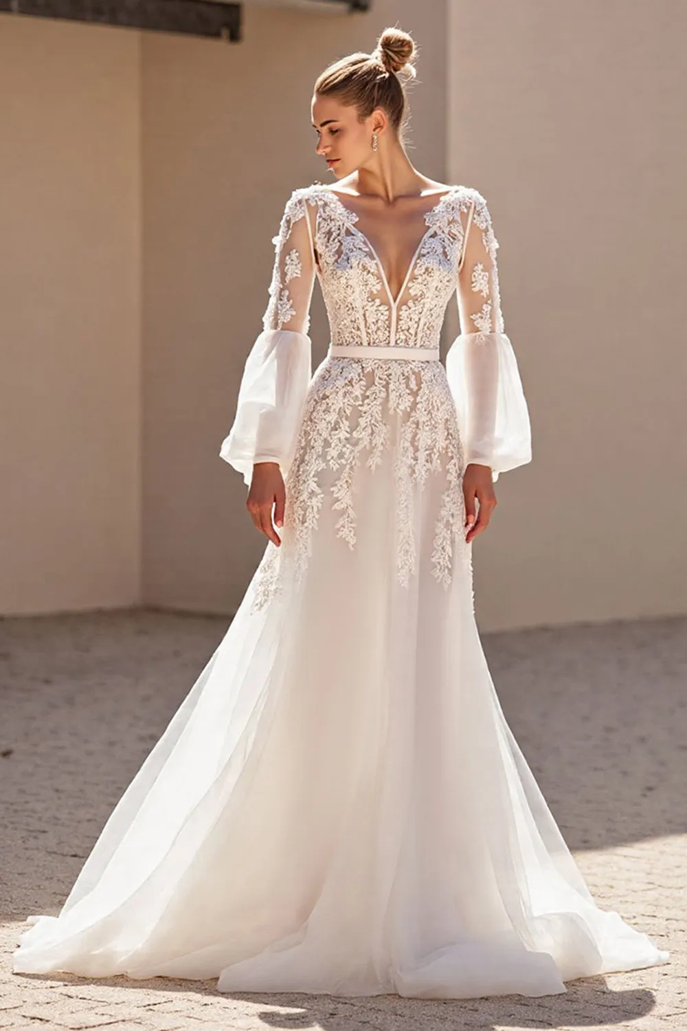 Ivory A Line V Neck Long Sleeves Wedding Dress with Lace sold by Zapaka product image thumbnail 3