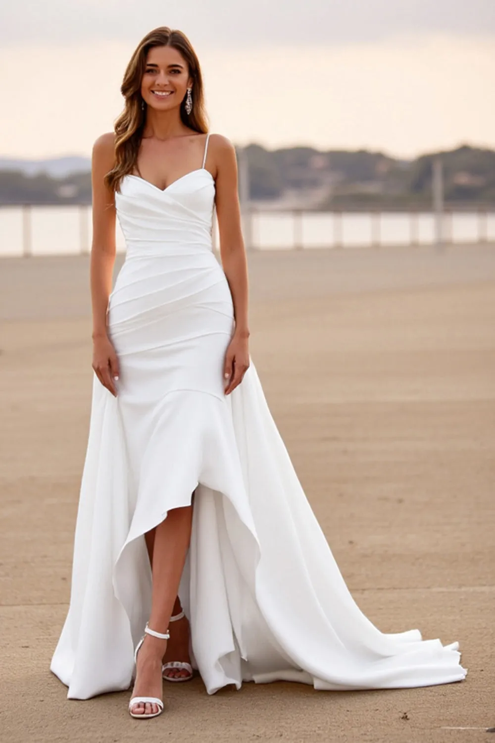 White Spaghetti Straps Ruched High Low Wedding Dress sold by Zapaka