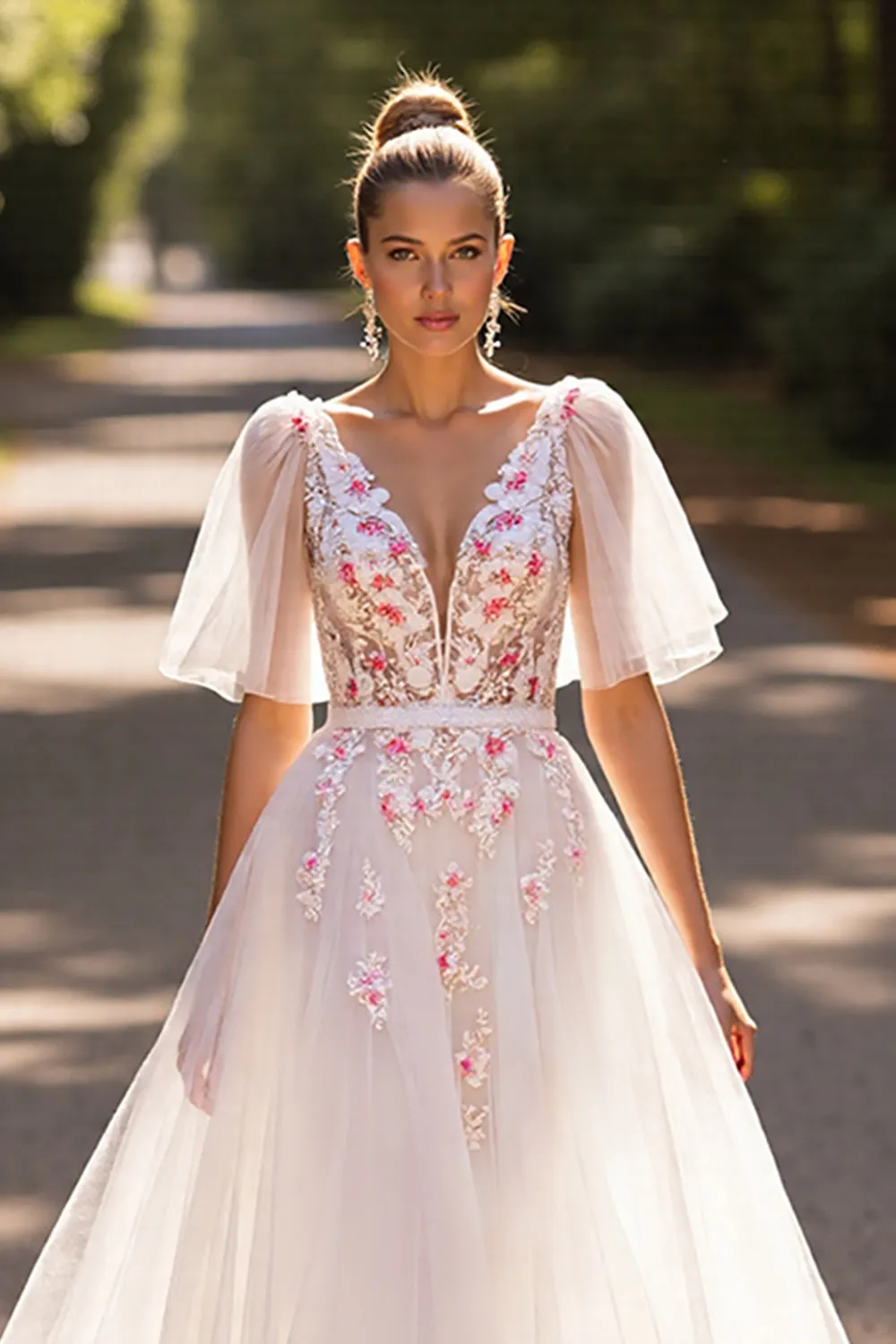White Floral Half Sleeves A Line Wedding Dress sold by Zapaka product image thumbnail 3