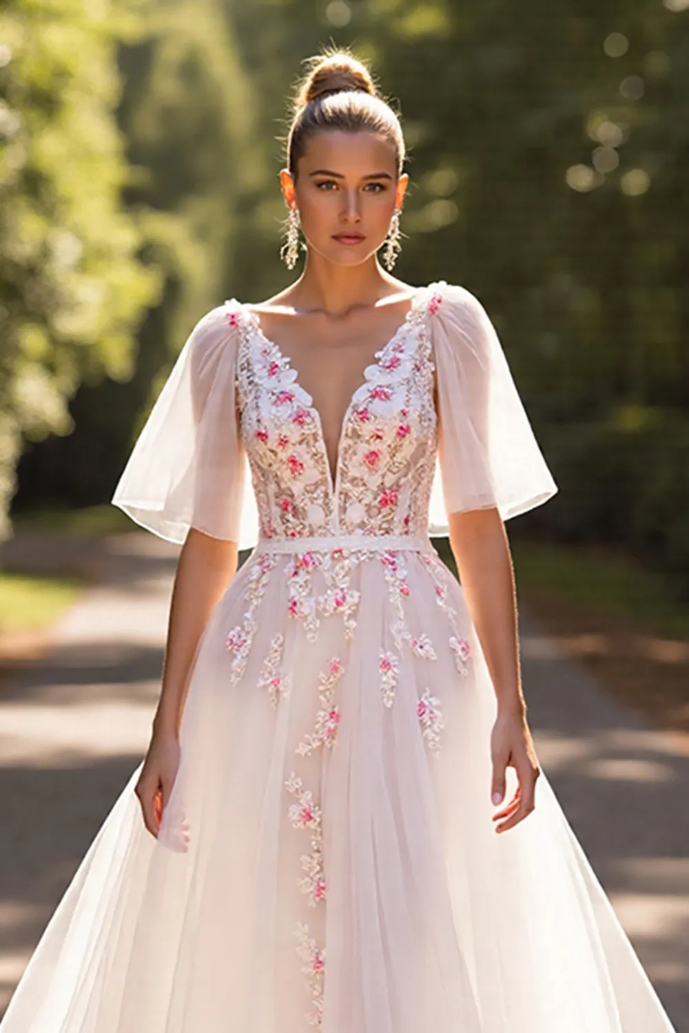 White Floral Half Sleeves A Line Wedding Dress sold by Zapaka product image thumbnail 4