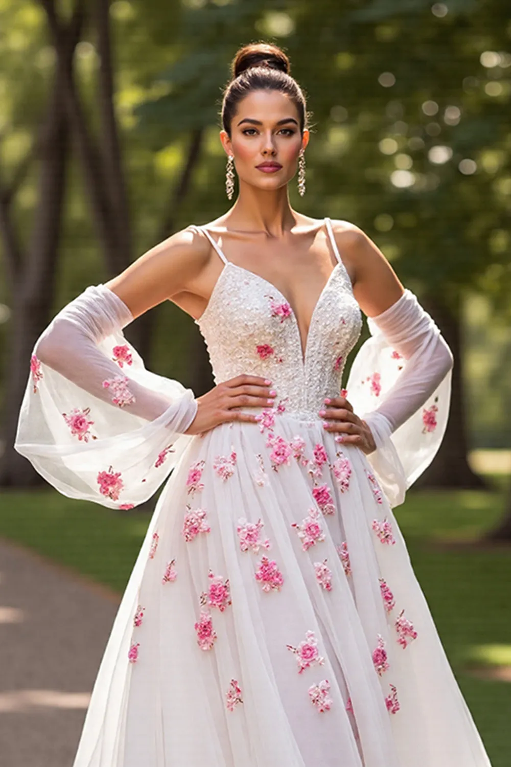 Floral A Line Cold Shoulder White Wedding Dress with Sleeves sold by Zapaka product image thumbnail 4