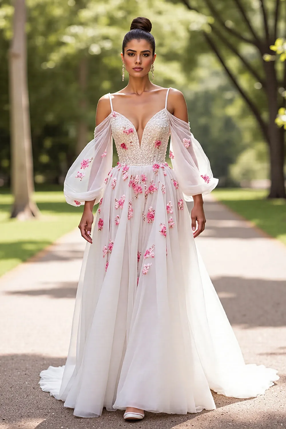 Floral A Line Cold Shoulder White Wedding Dress with Sleeves sold by Zapaka