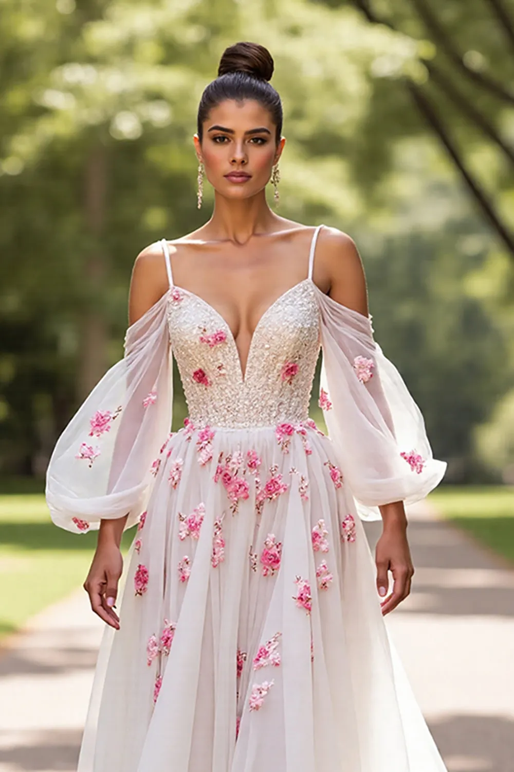 Floral A Line Cold Shoulder White Wedding Dress with Sleeves sold by Zapaka product image thumbnail 3