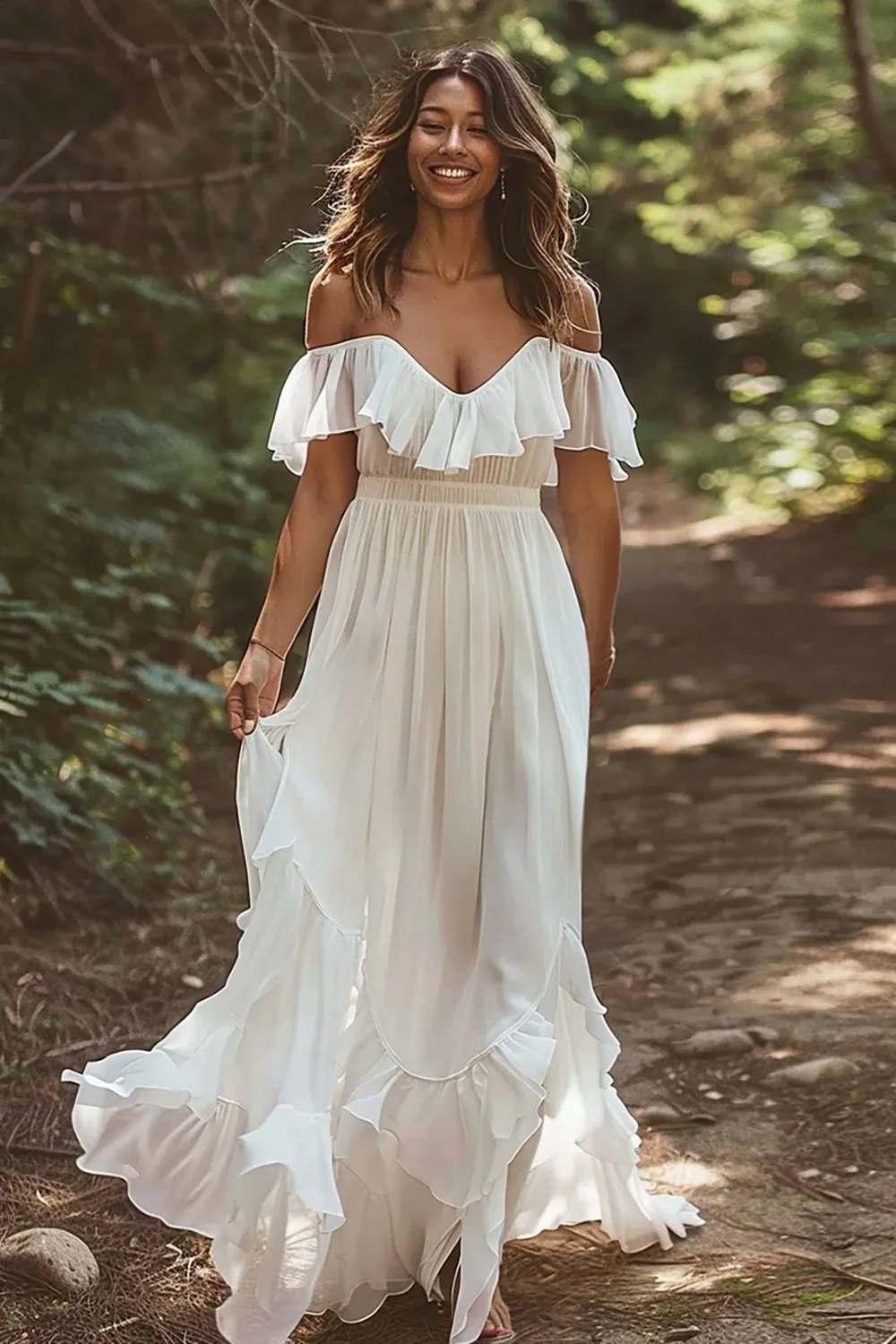 A Line Ruffled White Off the Shoulder Wedding Dress sold by Zapaka