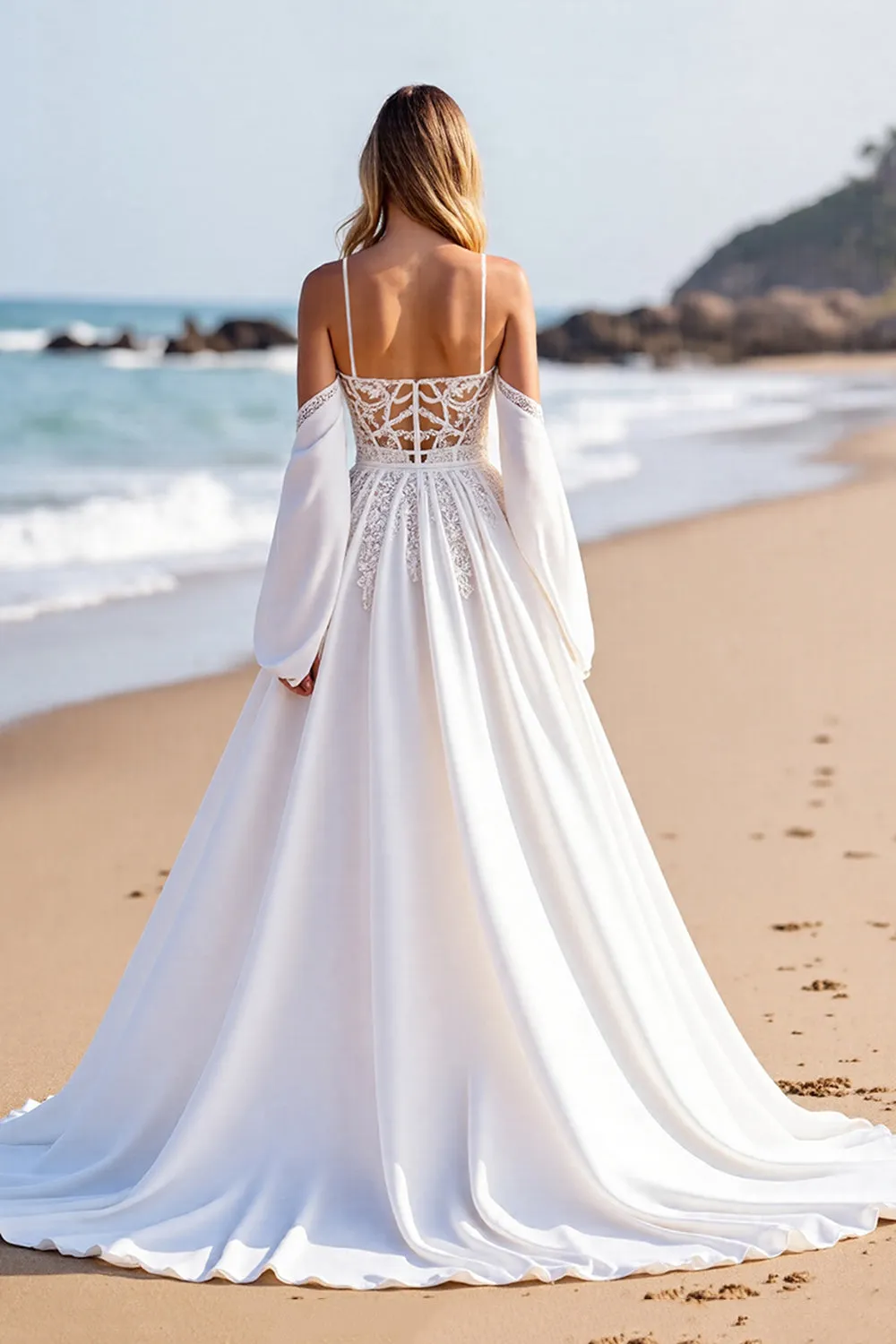 Beach White A Line Sweep Train Wedding Dress with Lace sold by Zapaka product image thumbnail 2