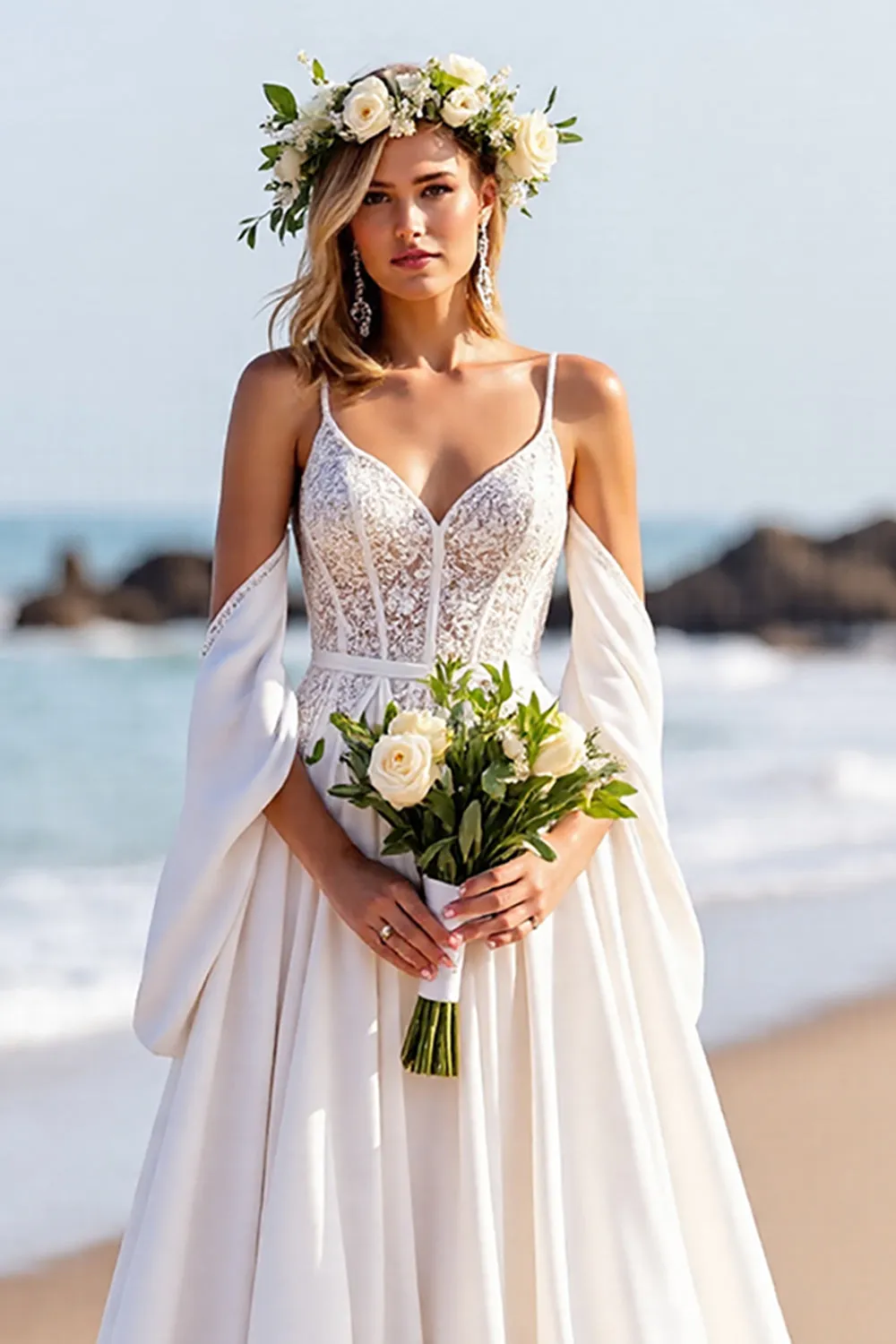 Beach White A Line Sweep Train Wedding Dress with Lace sold by Zapaka product image thumbnail 3
