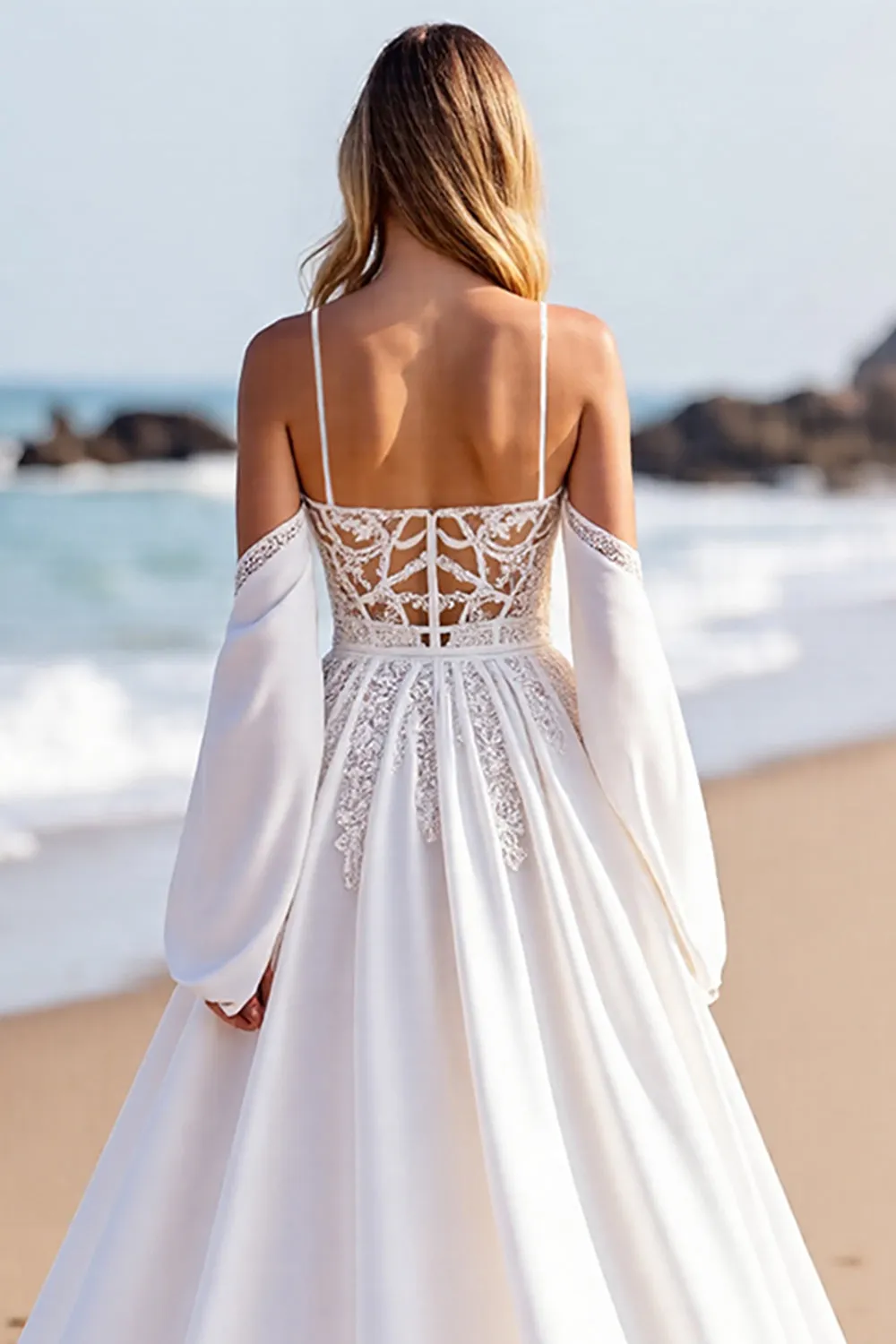Beach White A Line Sweep Train Wedding Dress with Lace sold by Zapaka product image thumbnail 4