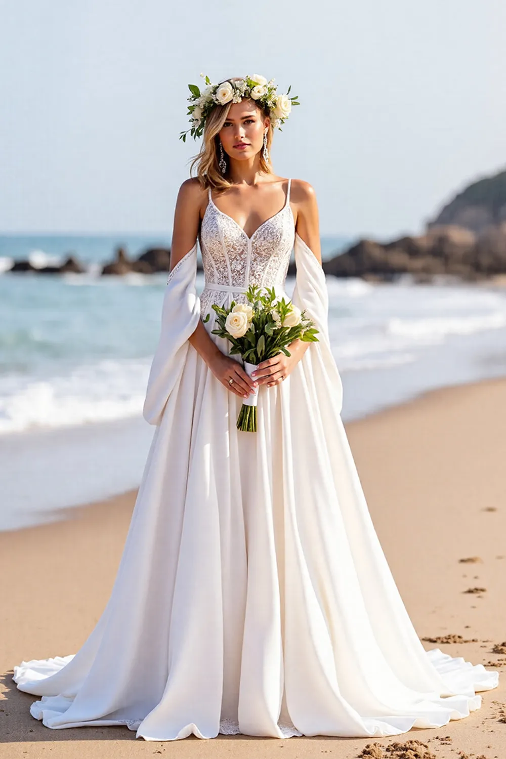 Beach White A Line Sweep Train Wedding Dress with Lace sold by Zapaka
