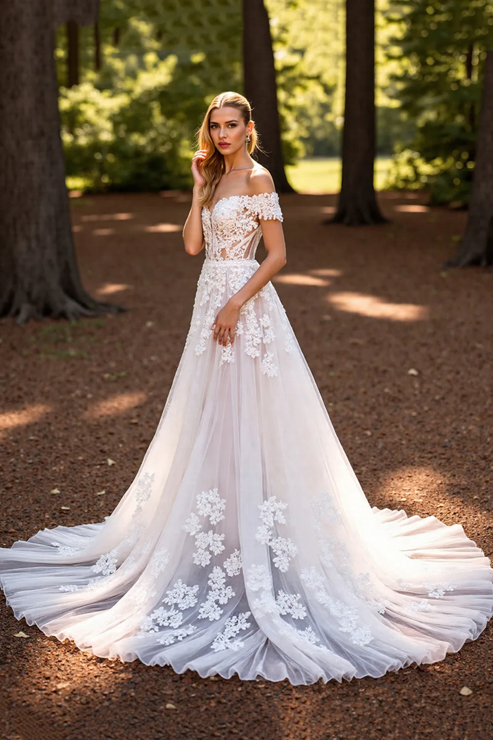 A Line White Off the Shoulder Sweep Train Wedding Dress with Lace sold by Zapaka product image thumbnail 2