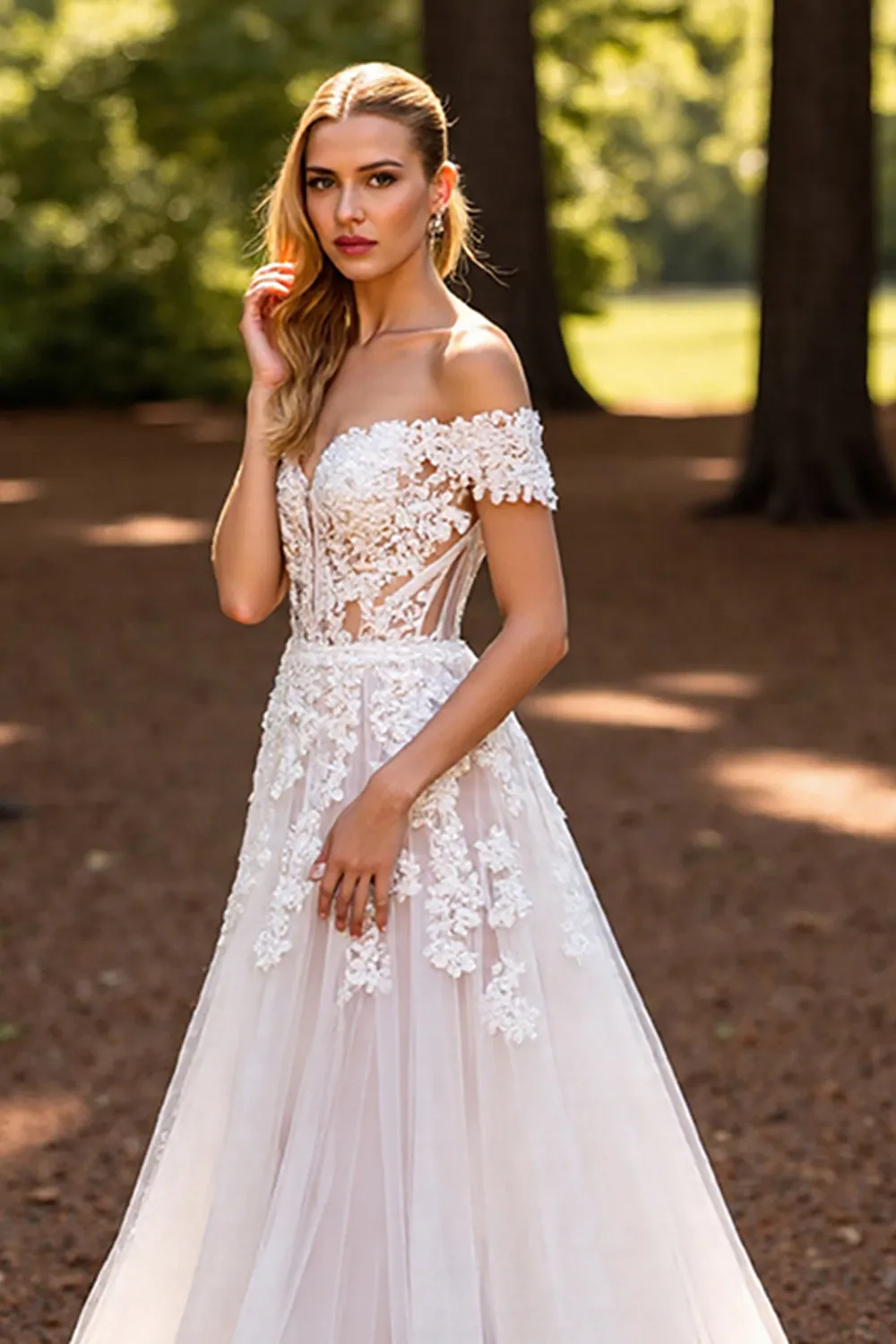 A Line White Off the Shoulder Sweep Train Wedding Dress with Lace sold by Zapaka product image thumbnail 4