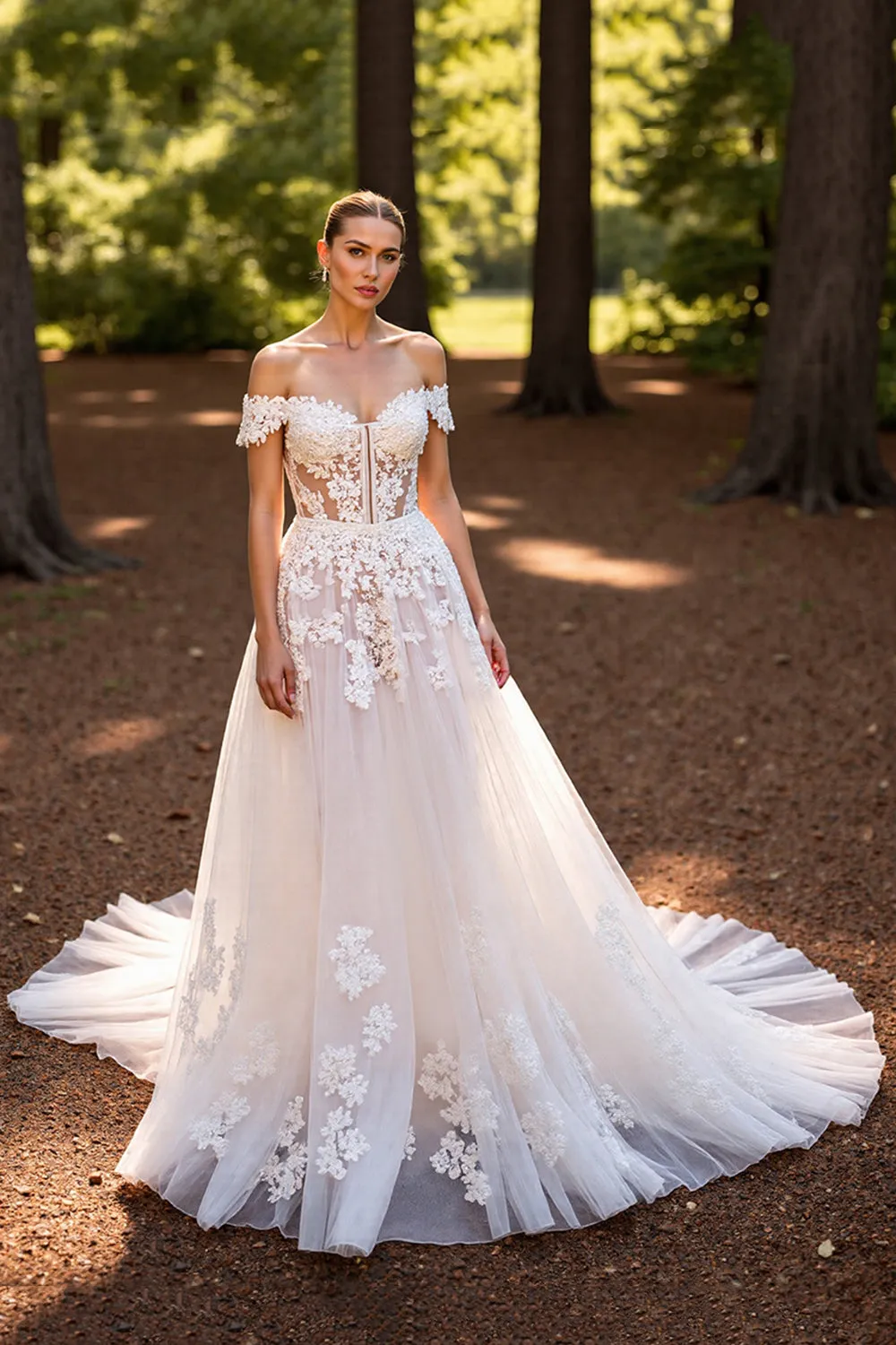 A Line White Off the Shoulder Sweep Train Wedding Dress with Lace sold by Zapaka