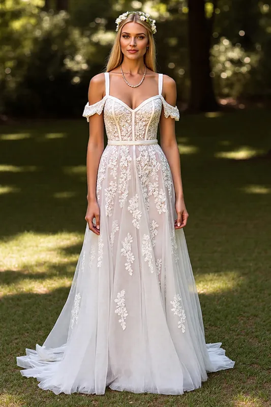 White Cold Shoulder Corset A Line Wedding Dress with Lace sold by Zapaka
