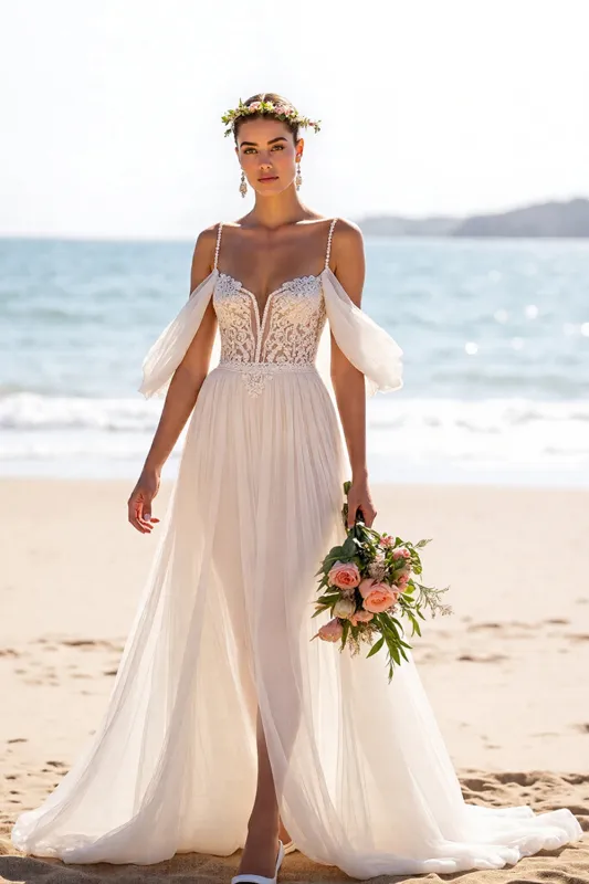 White A Line Backless Sweep Train Beach Wedding Dress sold by Zapaka